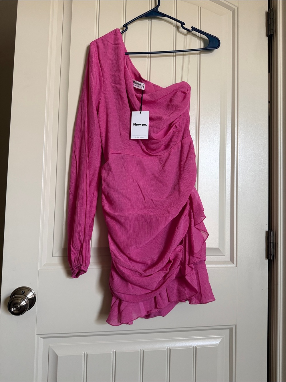 Showpo. Hot Pink One-Shoulder Ruffle Mini Dress - Picture 3 of 8